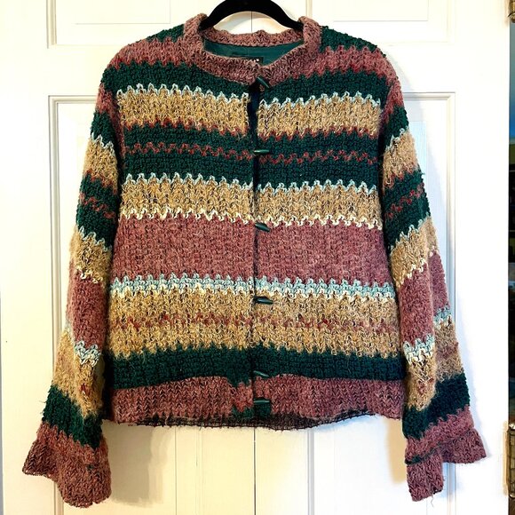 Catalina Vintage 60s Knit Cardigan Sweater Jacket Size 14 Retro Stripe Green Tan - Picture 1 of 10